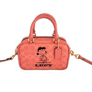 Coach CBJ62 X Peanuts Lucy Signature Satchel Crossbody Handbag Bright Coral